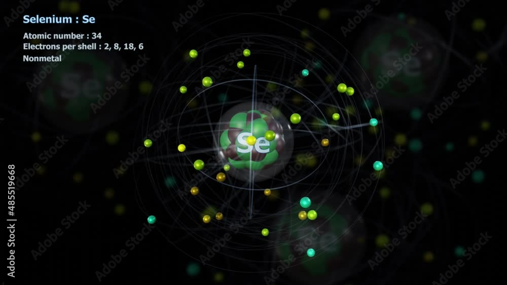 Atom of Selenium with 34 Electrons in infinite orbital rotation with atoms Atom of Selenium with 34 Electrons in infinite orbital rotation with atoms