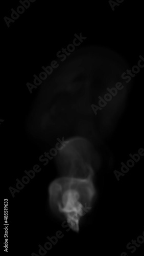 Top View of Tall and Thin Wisp of White Smoke with very Low Density going up Slowly on a Black Background