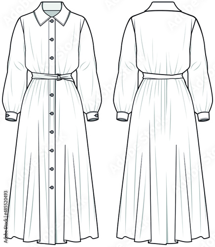 Women Collared Long Sleeve Maxi Dress with Waistband, Collared Abaya, Modesty Dress Front and Back View. fashion illustration vector, CAD, technical drawing, flat drawing.
