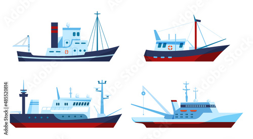 Fishing boats. Vessels with equipment for catching fish and transportation. Vehicles for water trip with ropes ant net. Cartoon commercial ships for seafood industry isolated vector set