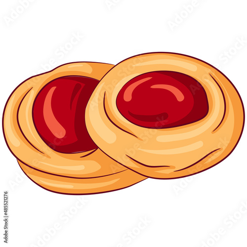 Vector cartoon illustration of cookies with fruit jam isolated on white. Bake dessert product for lunch, breakfast. Baked goods food Icon. Design for cookbook, restaurant business