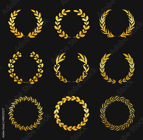 Golden laurel wreath. Wheat and olive foliate branch for victory. Movie festival award. Honor achievement for champion. Antique emblem for glory. Noble logo with foliage vector set