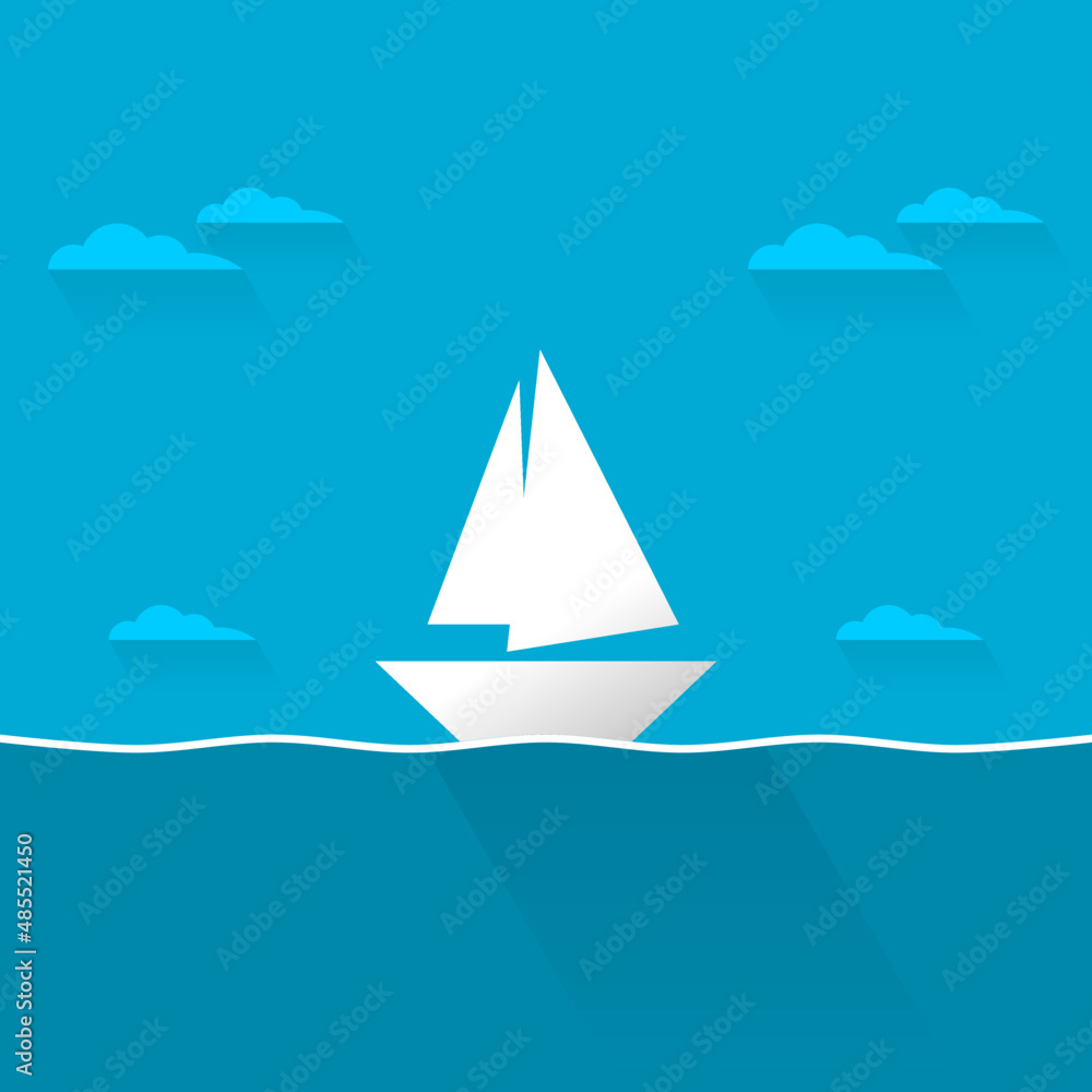 White sailboat floating in blue ocean sea with cloud and blue sky in day time flat vector design. White sailboat floating in blue ocean sea with cloud and blue sky in day time flat vector design.