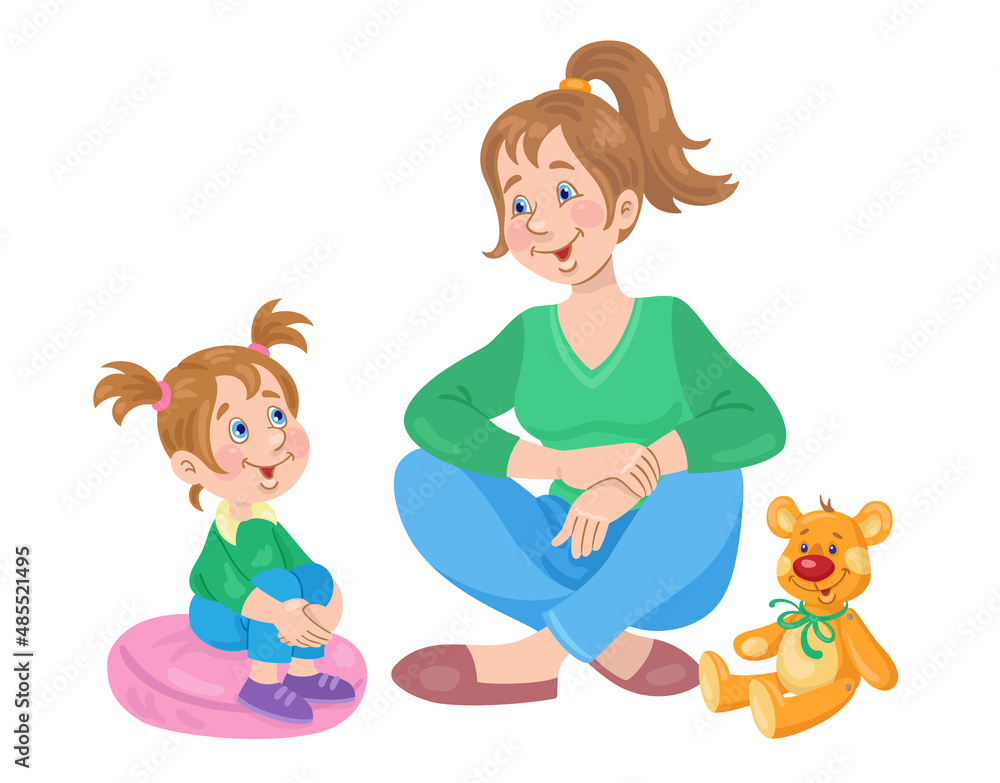 Young mother and cute daughter in similar clothes are sitting and talking.  In cartoon style. Isolated on white background. Vector illustration Stock  Vector | Adobe Stock