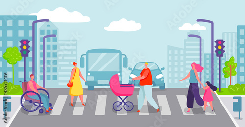 Group of people crossing city road. Characters going on crosswalk. Man walking with baby in pram. Person moving on pedestrian crossing on wheelchair. Mother with daughter kid vector