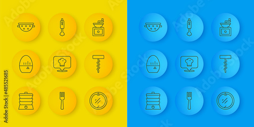 Set line Slow cooker, Kitchen timer, Chef hat with location, Cutting board, Wine corkscrew, colander, Manual coffee grinder and Blender icon. Vector