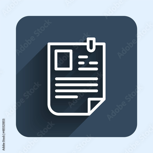 White line Resume icon isolated with long shadow background. CV application. Searching professional staff. Analyzing personnel resume. Blue square button. Vector