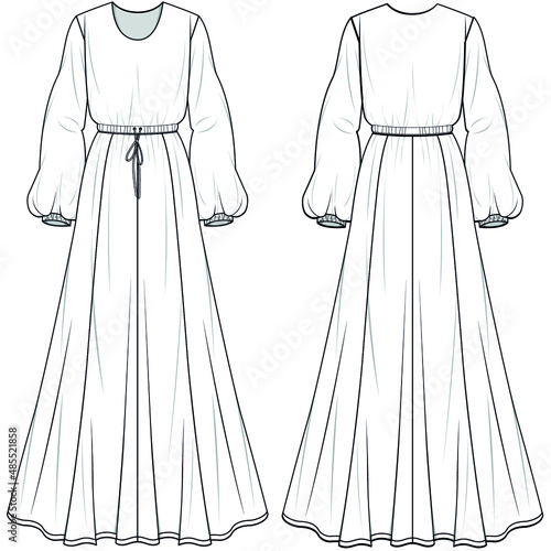 Round Neck Bishop Sleeve Flared Maxi Dress with string bow, Abaya, Modesty Dress Front and Back View. fashion illustration vector, CAD, technical drawing, flat drawing.
