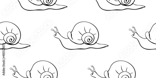 Vector seamless pattern with outline cute snails in style of sketch, doodle with spiral shell, side view, isolated. Nature background and texture