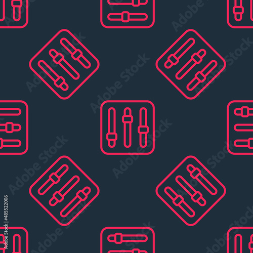 Red line Sound mixer controller icon isolated seamless pattern on black background. Dj equipment slider buttons. Mixing console. Vector
