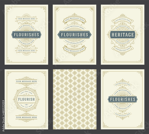 Vintage ornament greeting cards set templates flourish ornate frames and pattern background vector illustration