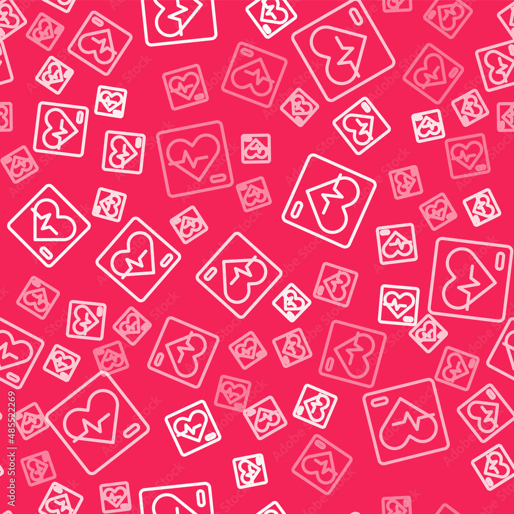 White line Heart rate icon isolated seamless pattern on red background. Heartbeat sign. Heart pulse icon. Cardiogram icon. Vector White line Heart rate icon isolated seamless pattern on red background. Heartbeat sign. Heart pulse icon. Cardiogram icon. Vector