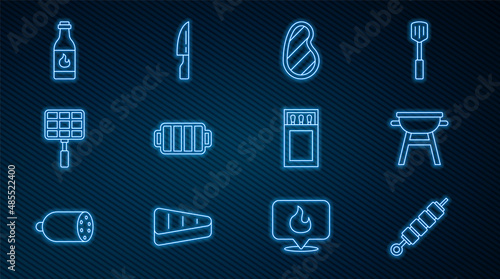 Set line Grilled shish kebab, Barbecue grill, Steak meat, steel grid, Tabasco sauce, Matchbox and matches and knife icon. Vector