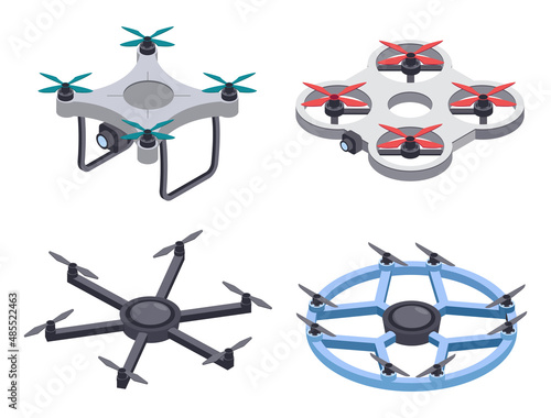 Isometric drone. Unmanned aircrafts with camera for monitoring or video filming. Flying remote quadcopter with propellers. Modern air delivery transport, automatic device isolated vector set