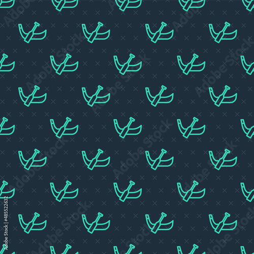 Green line Gondola boat italy venice icon isolated seamless pattern on blue background. Tourism rowing transport romantic. Vector