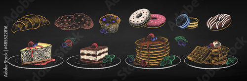 Chalk drawn vector set of desserts and pastries