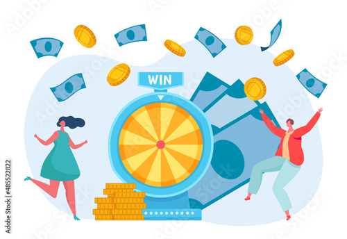 Lottery winner people. Male and female characters spinning wheel and getting prize. Man and woman winning jackpot, risking and getting money. Players successfully rotating machine vector