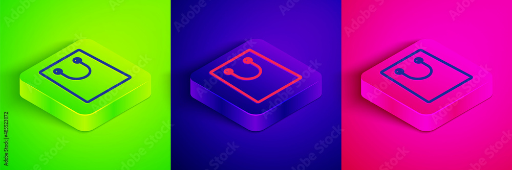 Isometric line Paper shopping bag icon isolated on green, blue and pink background. Package sign. Square button. Vector Isometric line Paper shopping bag icon isolated on green, blue and pink background. Package sign. Square button. Vector