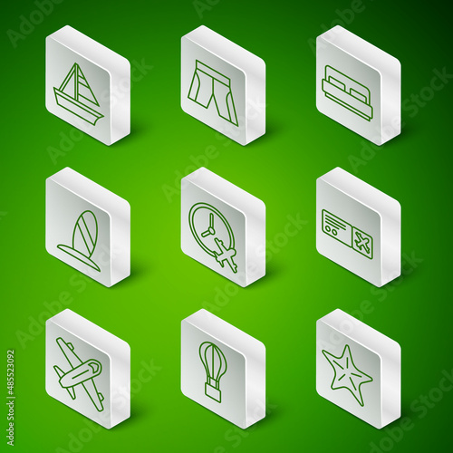 Set line Starfish, Hot air balloon, Yacht sailboat, Clock with airplane, Surfboard, Short or pants, Plane and Airline ticket icon. Vector