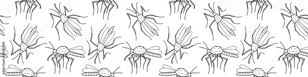 Vector seamless pattern of black outline mosquitos, moths, midges in doodle sketch style. Simple texture with insects, bloodsuckers, pests