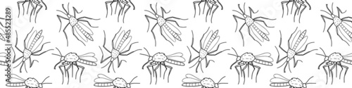 Vector seamless pattern of black outline mosquitos, moths, midges in doodle sketch style. Simple texture with insects, bloodsuckers, pests