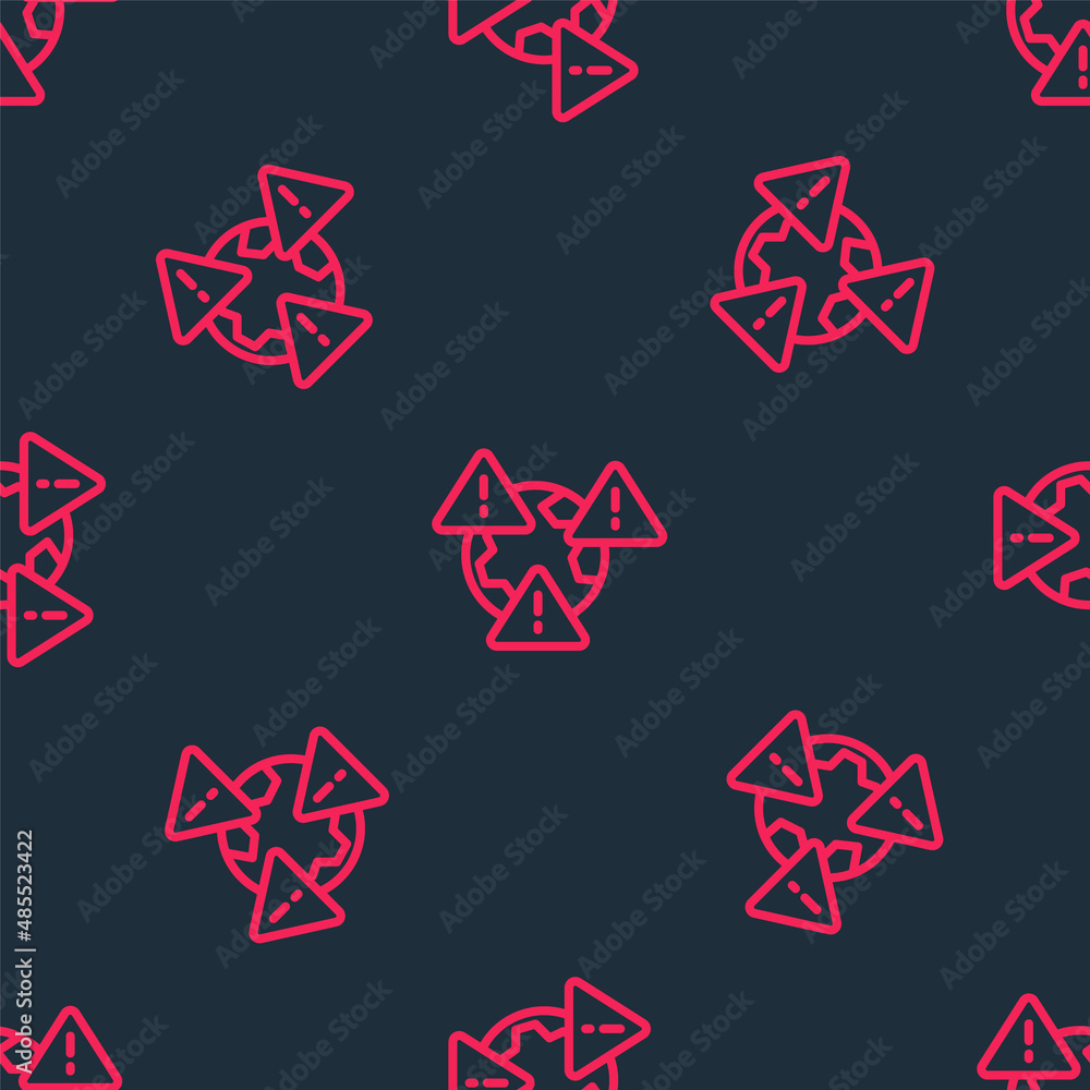 Red line Planet earth symbol with exclamation mark icon isolated seamless pattern on black background. Global earth, Exclamation mark danger. Vector Red line Planet earth symbol with exclamation mark icon isolated seamless pattern on black background. Global earth, Exclamation mark danger. Vector