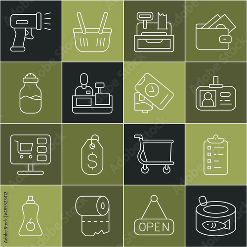 Set line Canned fish, Shopping list, Identification badge, Cash register machine, Cashier cash, Spice can, Scanner scanning bar code and POS terminal icon. Vector