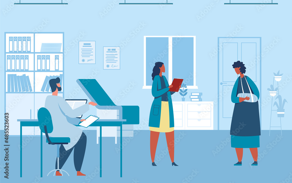 Obraz premium Medical visit. Patient coming to doctor with broken arm. Nurse giving prescription to female character with bandage. Woman having appointment and consultation at hospital vector illustration