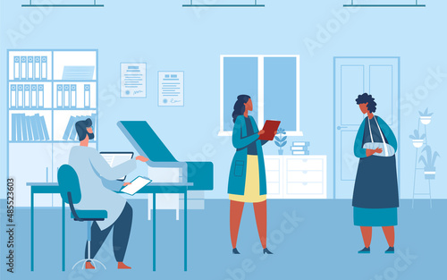 Medical visit. Patient coming to doctor with broken arm. Nurse giving prescription to female character with bandage. Woman having appointment and consultation at hospital vector illustration