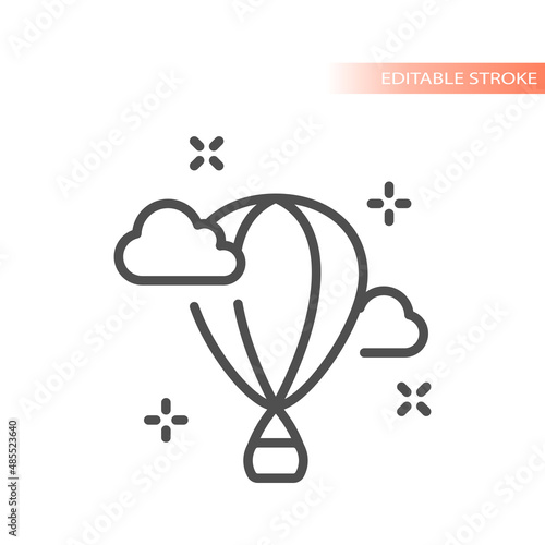 Hot air balloon flying with clouds. Outlined vector icon.