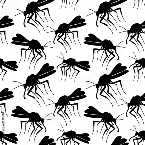 Vector seamless pattern of black mosquitos, moths, midges in flat style. Simple texture with insects, bloodsuckers, pests