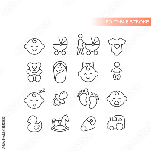 Baby outlined vector icon set. Toy train, teddy bear, cry baby symbols.