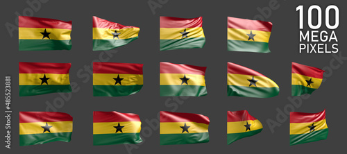 14 different pictures of Ghana flag isolated on grey background - 3D illustration of object