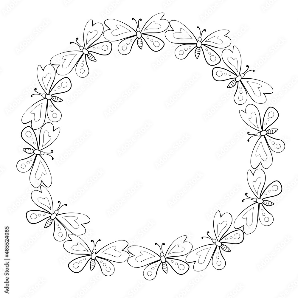 Vector round frame, border from contoured cute butterflys in Doodle style. Simple background, decoration for spring, summer, holiday postcard Vector round frame, border from contoured cute butterflys in Doodle style. Simple background, decoration for spring, summer, holiday postcard