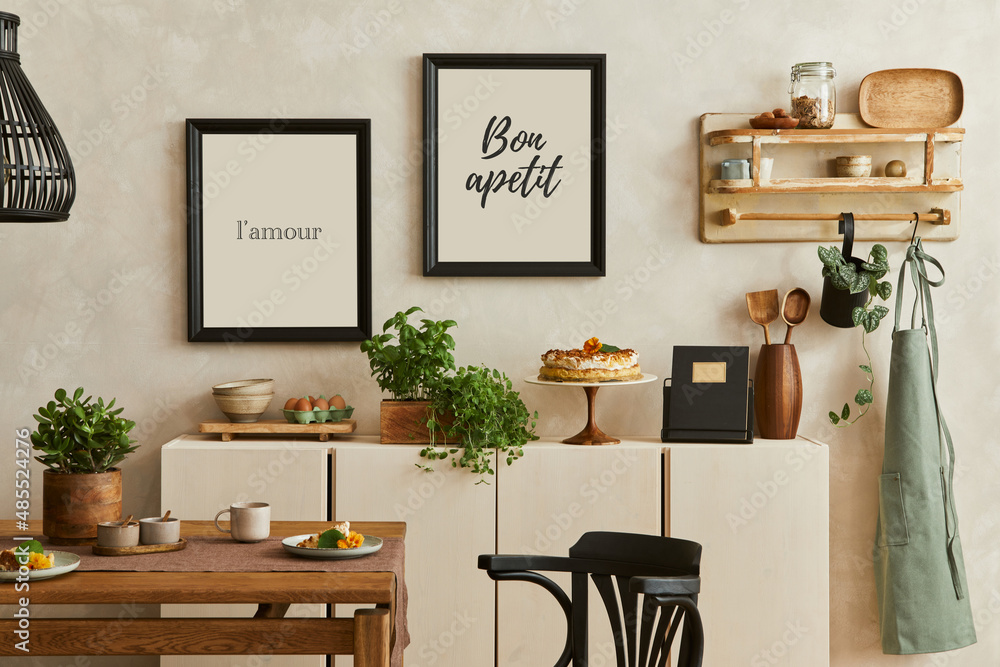 Poster Creative and modern dining room interior design with mock up ...
