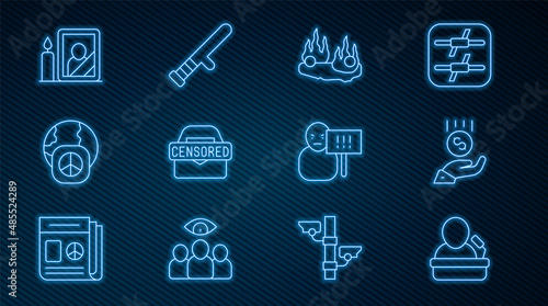 Set line Speaker, Coins on hand - minimal wage, Burning car, Censored stamp, International day of peace, Mourning photo frame, Protest and Police rubber baton icon. Vector