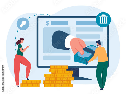 Online banking service concept. Cartoon woman sending money via mobile phone. Hand giving cash banknotes to male character from desktop computer screen. Money virtual transfer vector