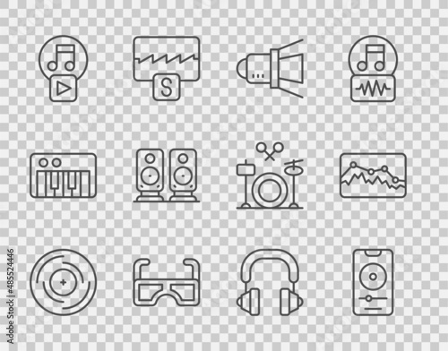 Set line Vinyl disk, Music player, Movie spotlight, Glasses, Play square, Stereo speaker, Headphones and wave equalizer icon. Vector