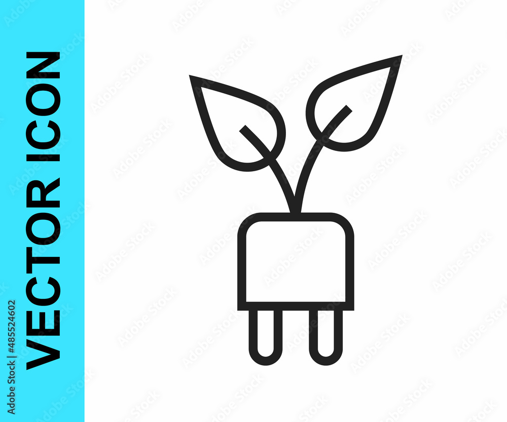 Black line Electric saving plug in leaf icon isolated on white background. Save energy electricity. Environmental protection. Bio energy. Vector Black line Electric saving plug in leaf icon isolated on white background. Save energy electricity. Environmental protection. Bio energy. Vector