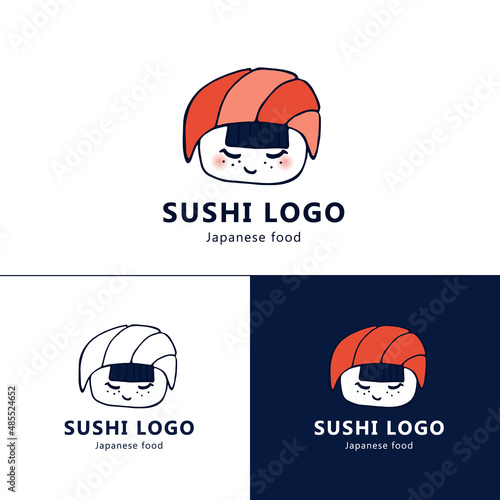 Cute kawaii Sushi, rolls, nigiri. Vector logo, corporate identity of the restaurant, sushi bar, menu. Japanese food with emotions, cartoon style. Fashion illustration. All elements are isolated. 