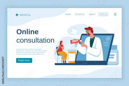 Online doctor consultation. Woman complaining on pain in shoulder. Therapist prescribing treatment from laptop screen. Virtual healthcare, video call with patient vector landing page
