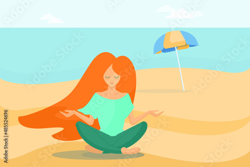Red haired girl sitting on the sea beach.  Perfect summer holiday