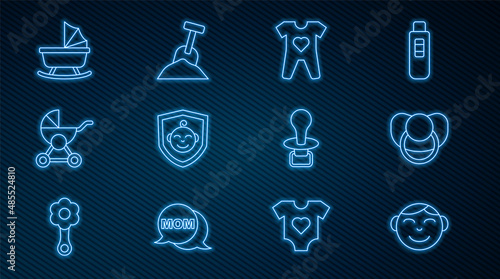 Set line Little boy head, Baby dummy pacifier, clothes, on shield, stroller, and Sandbox with sand and shovel icon. Vector