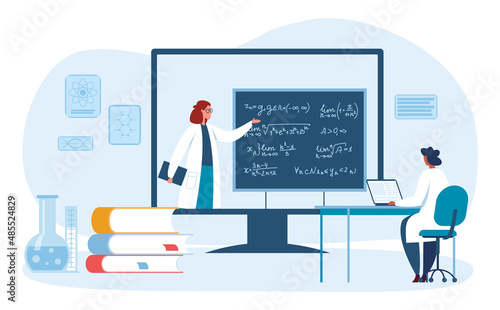 Online education scientists. Teacher conducting seminar for student via desktop computer. Cartoon person writing formulas on blackboard. Medical training at university or college vector