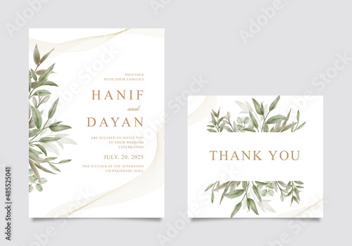 Elegant vintage template wedding invitation card with green leaves