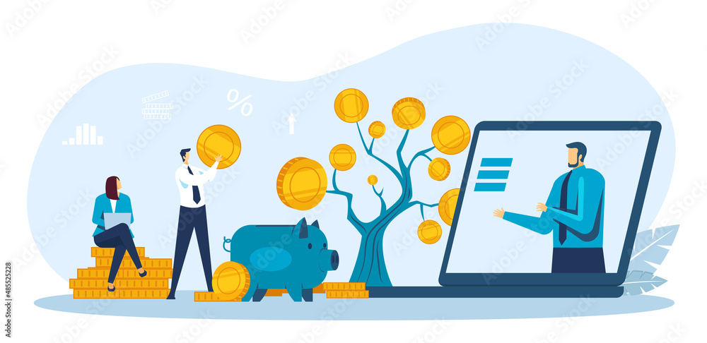 Online service bank account. Assistant consulting people from laptop screen. Client saving and investing money. Tree with coins, putting income into piggy bank, woman with device vector