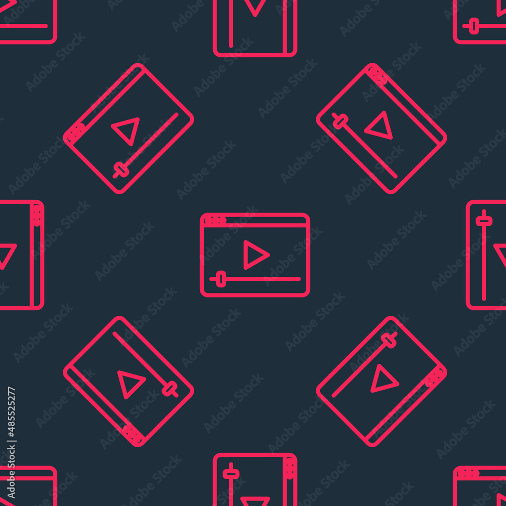 Red line Online play video icon isolated seamless pattern on black background. Film strip with play sign. Vector Red line Online play video icon isolated seamless pattern on black background. Film strip with play sign. Vector