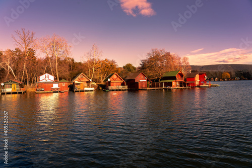 Derítő tó lake in Tata Hungary with cute colorful fishing cabins