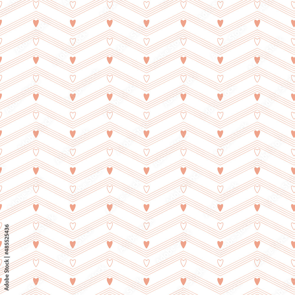A simple seamless minimalistic pattern with pink hearts and zigzag stripes on a white background. Perfect for Valentine's day packaging and wrapping paper design. Vector illustration A simple seamless minimalistic pattern with pink hearts and zigzag stripes on a white background. Perfect for Valentine's day packaging and wrapping paper design. Vector illustration