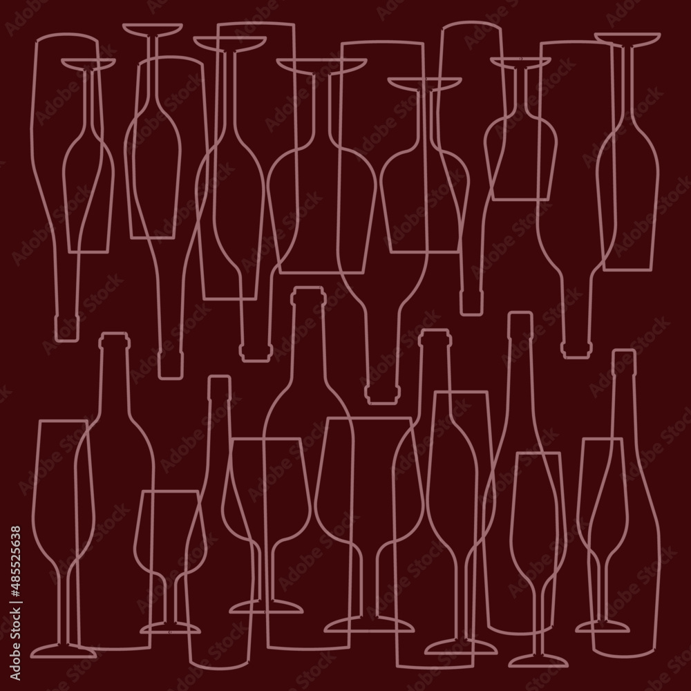 Wine bottles and glasses line art squared vector vinous red background Wine bottles and glasses line art squared vector vinous red background